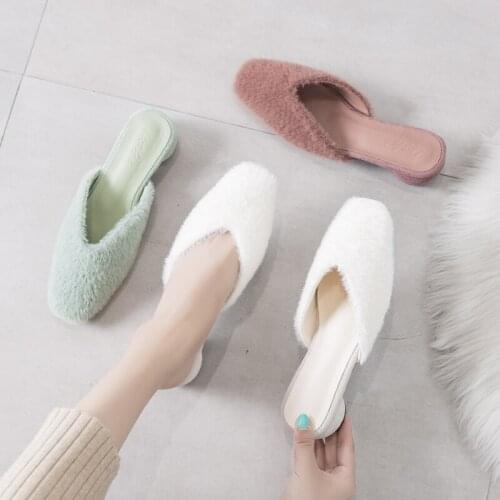 2021 New Women Shoes Woman Fur Slippers Mules Slides Cover Pointed Toe Square Mid Heels Sexy Ladies Shoes Female Slippers Slides