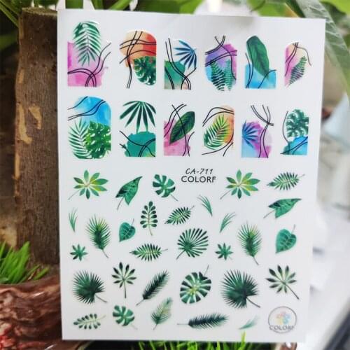 3D Stickers for Nails Green Leaf Grass Square Line Design Nails Art Decoration Manicure Sticker Sliders Nail Foil Accessories
