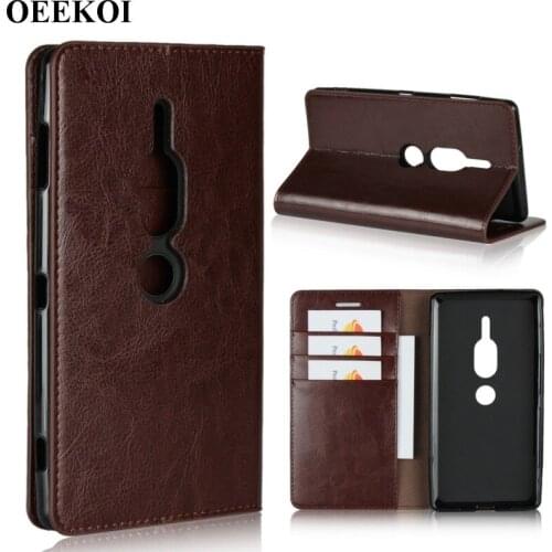 OEEKOI Crazy Horse Genuine Leather Wallet Flip Case for Sony Xperia XZ2 Premium/XZ2 Compact/XZ1/XZ1 Compact/XA2 Ultra