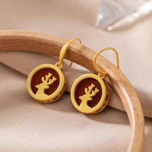 Pure S925 Silver Earrings Women Red Agate Deer Dangle Earrings Fashion Earrings