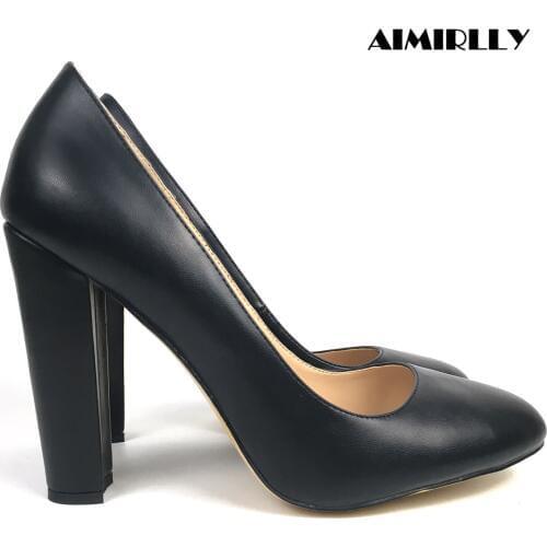 Women Shoes Round Toe High Heels Pumps Block Heel Black Ladies Fashion Work And Career Shoes PU Leather Aimirlly
