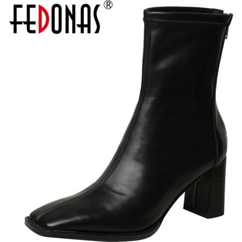 FEDONAS Square Toe Shoes Woman Genuine Leather Back Zipper Winter High Heels Ankle Boots 2021 Elegant Wedding Basic Boots Boots