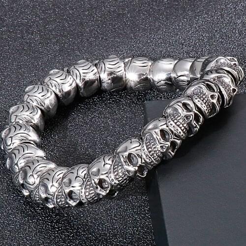 Gothic Death Skull Head Beads Bracelet Men Heavy Punk Rock Stainless Steel Skeleton Jewelry Gift Elastic Wristband Drop Shipping