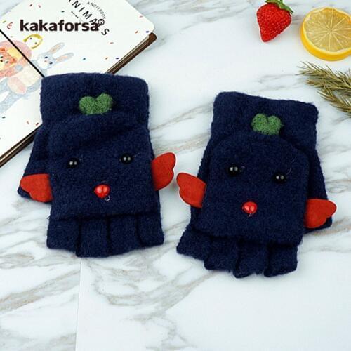 Kakaforsa Female Winter Warm Gloves Fashion Thick Knitted Short Mittens Girls Cute Cartoon Bird Fingerless Gloves Navy QK