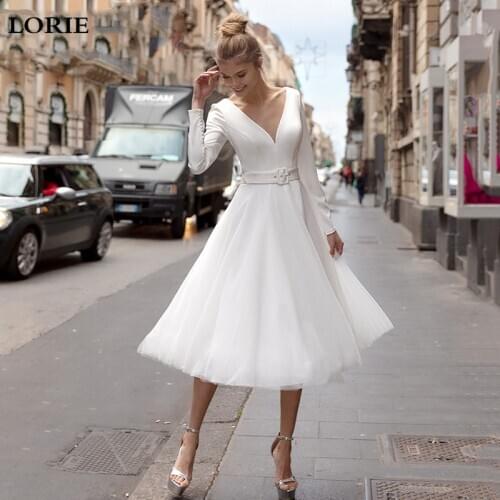 LORIE Satin Short Wedding Dress 2020 Long Sleeve V-neck Boho Bridal Gowns Buttons Back Vestido de noiva Mid-Calf Wedding Gowns