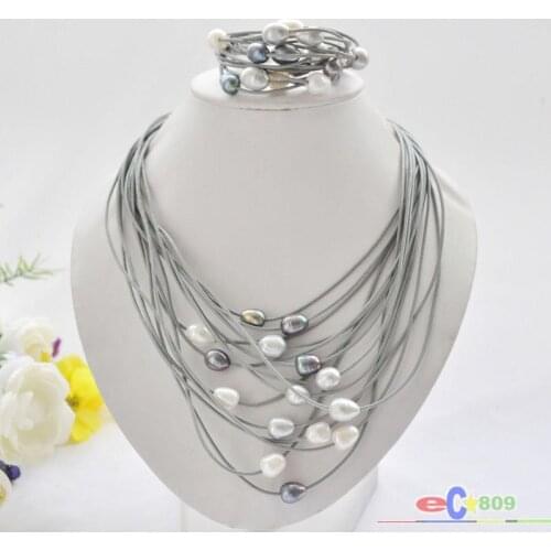 Wholesale 15row 13mm black white gray rice pearl gray leather necklace & bracelet