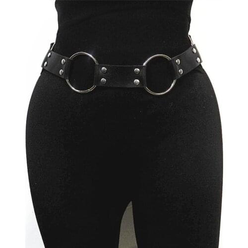 Fashion Women Gothic Punk Waist Belt Metal Circle Ring Design Silver Pin Buckle Leather Black Waistband Jeans Waist Belts
