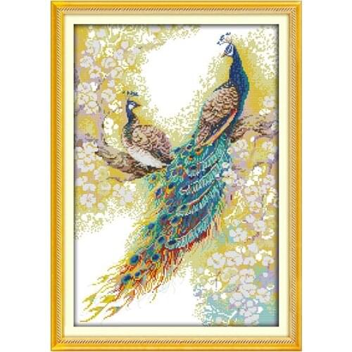 Joy Sunday DIY Cross Stitch Kit A peacock couple pattern Printed Chinese embroidery needlework fit for a living room and bedroom