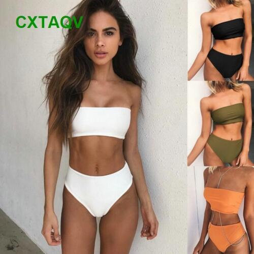 2018 Sexy Strapless Boob Tube Top Bikini Swimsuit Solid Black White Orange Army Green Royal Blue Swimwear Brazilian Beachwear