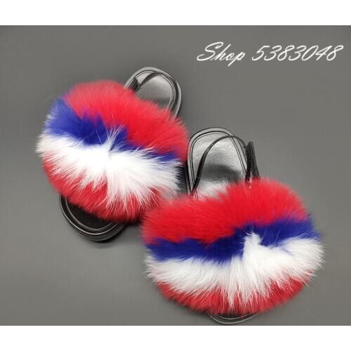 Slippers Children Cute Plush Mixed Color Real Fox Fur Slippers Fashion Baby Girl Fur Slides Home Soft Kids Toddler Flip Flops