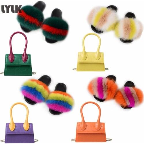 New Summer Womens Real Fox Fur Slippers Ladies Fluffy Furry Slides Female Fashion Small Handbag Set Girls Shoulder Chain Bags
