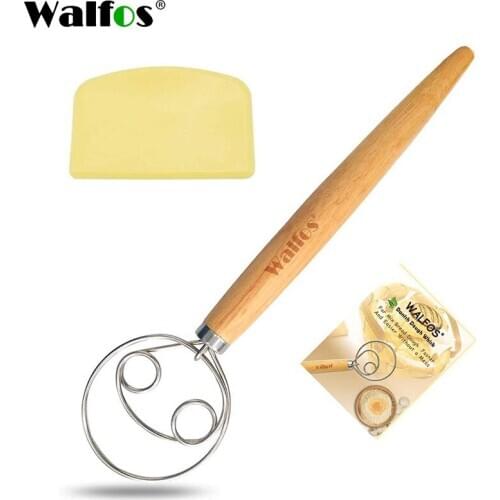Walfos Danish Dough Whisk Stainless Steel Bread Mixer With Dough Scraper Double Holes for Cooking Blending Whisking Beating