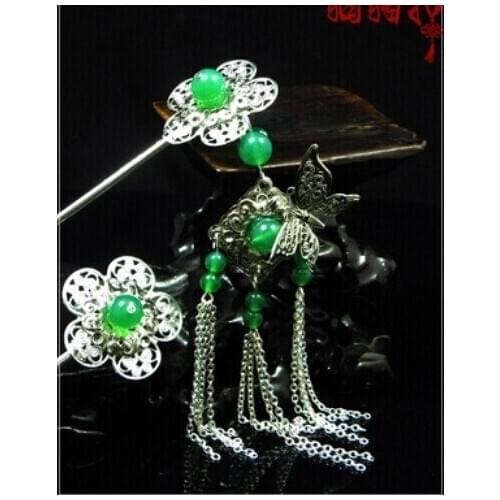 Green Agate Plum Blossom Stigma Classical Hair Stick Set Vintage Jewelry Hanfu Costume Hair Accessory Price is for 2pcs sticks