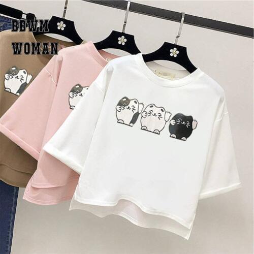 2019 Summer 3 Cats Print Women T Shirt White Pink And Khaki Female Tee Shirts