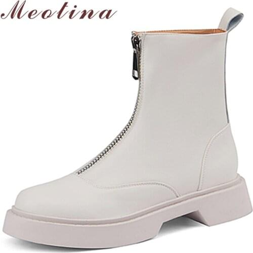 Meotina Women Genuine Leather Boots Thick Med Heel Zipper Ladies Shoes Round Toe Ankle Boots 2021 Autumn Winter Black Beige 43