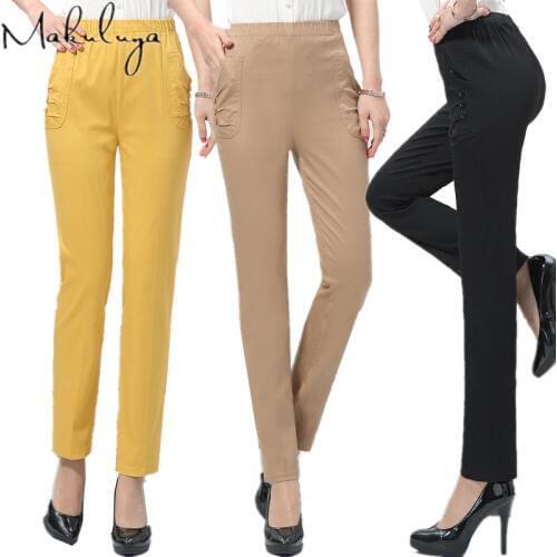 Makuluya New Quality 4XL Plus Size Women Trousers Middle-Old Aged Straight Style Lady Pants Elastic Waist Casual Pants QW39