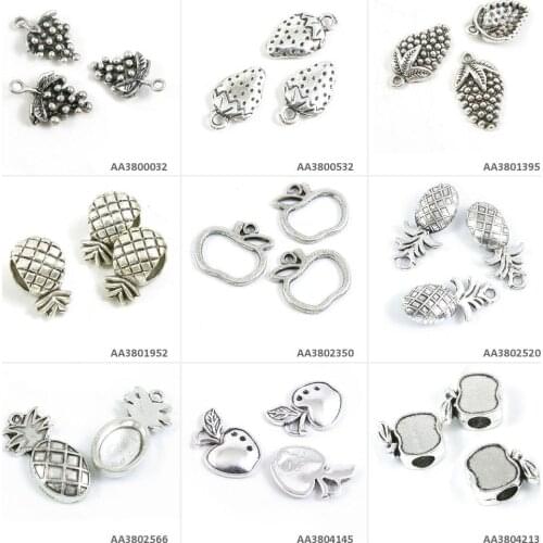 Antique Silver Tone Jewelry Charms Apple Loose Beads Pineapple Fruit Grape Strawberry Grapes Crafting Beading Craft Making