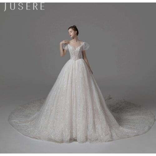 Jusere Sweetheart neckline Crystal Beaded Shinny wedding dress bridal gown puffy sleeves