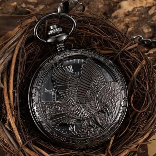 Steampunk Black Mechanical Pocket Watch Large Eagle Vintage Skeleton Pocket & Fob Watch Men Wome Hollow Pendant Watch Box Gift