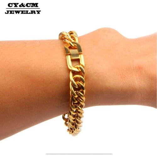 CY&CM 12mm15mm Classic Gold Color Stainless Steel Cuban Curb Link Bracelet Mens Cool Rock Hiphop Style Bangles Wristband Jewelry