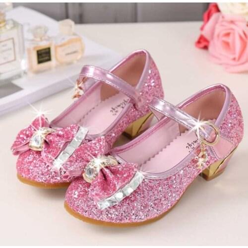 Kids Girls Wedding Dress Shoes Children Elsa Princess Shoes Bowtie Purple Pink Blue Leather Shoes For Girls Casual Shoes Flat