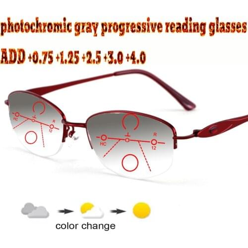 Photochromic Gray Progressive Multifocal Reading Glasses Business women Halfrim Frame Tr90 +1.0 +1.5 +1.75 +2.0 +2.5 +3 +3.5 +4