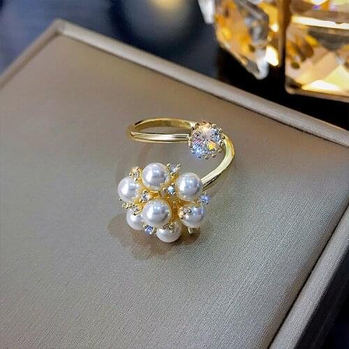 Exquisite 14K Real Gold Plated Micro Zircon Pearls Flower Rings Adjustable Open Design For Women 2021 New Trendy Jewelry