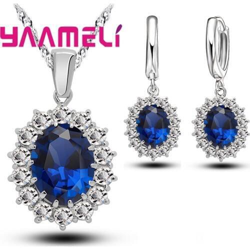 Recommand Wedding Party Accessories 925 Sterling Silver Bridal Jewelry Set Big Blue Oval Cubic Zircon Necklace Earrings