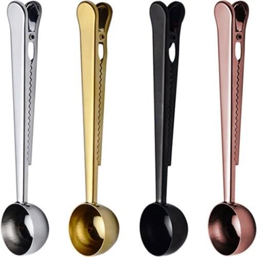 Metal gold copper brass product 304 stainless steel coffee bean measuring spoon/scoop with bag clip