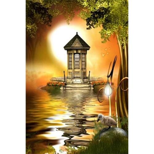 Yumeart Crystal Mosaic Diamond Painting By Number Diamond Art Small House on Lake Embroidery Home Decor Dimond Mosaic Gift Item