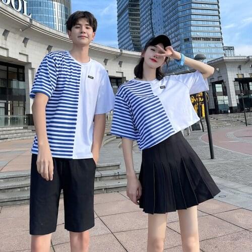 2021 new couples wear short white patchwork striped T-shirt couples clothes couples clothing