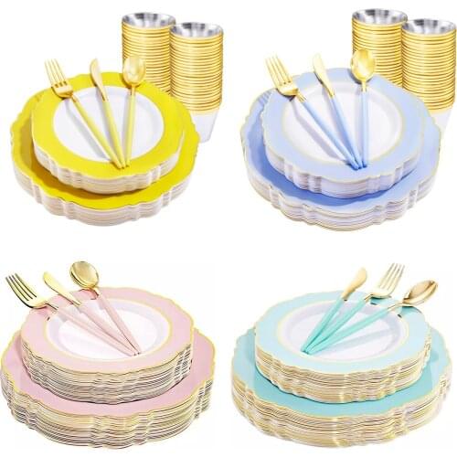Disposable tableware birthday party wedding restaurant supplies plastic plate gilded cup cutlery birthday party decorations