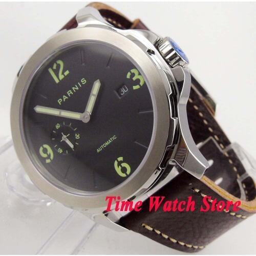 Parnis 44mm big face 5ATM ST2555 automatic mens watch black dial date window luminous back see through waterproof