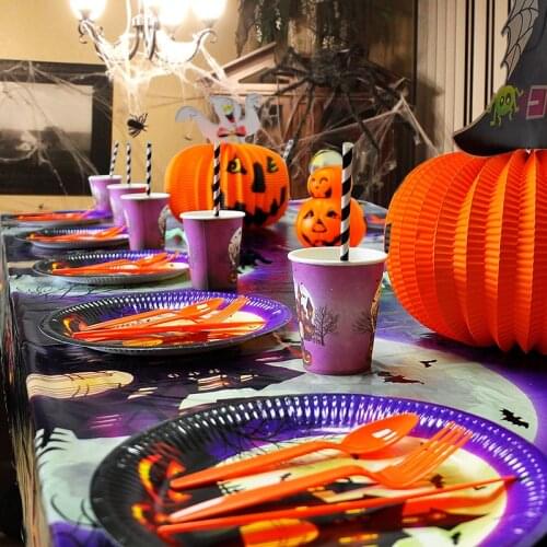 Halloween party decoration table setting supplies disposable castle paper plate dinner plate cup straw tablecloth tableware set