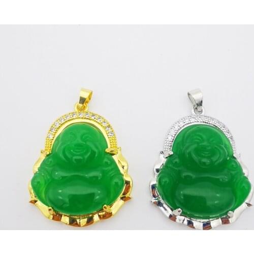 Superb 25X28MM New Stone Imitation Green Jades Carved Buddha Inlaid Rhinestone Amulet Buddhist Pendant 1PCS