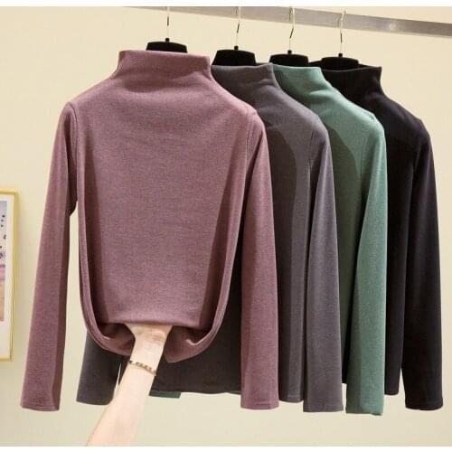 Plus Size T-Shirt for Women Autumn Winter Clothing Warm Fleece-Lined Turtleneck Slim Fit Stretch All-match Basic Tops