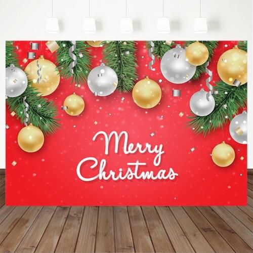 Merry Christmas Backdrops Yellow ball And silver ball Silver ribbon Pine branches Red Photography Background For Photo Studio