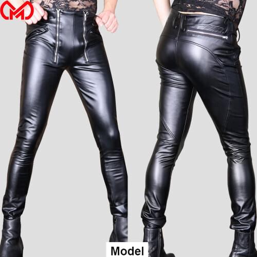 Sexy Men COC Ring Plus Size Open Crotch Pencil Pants PU Faux Leather Punk Pants Elastic Tight Trousers Club Stage Gay Wear F120