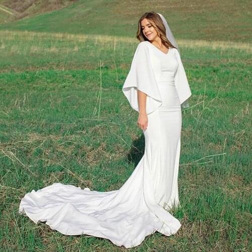 Simple Design Soft Satin Mermaid Wedding Dress V Neck Big Sleeves Custom Made Bride Dresses