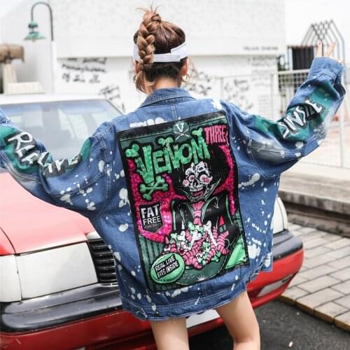 Autumn Fashion Denim Coat Women Loose Large Size Letter Printing 2021 New Trend Graffiti Cardigan Jacket Blue