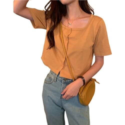 O Neck Ruffles Short Sleeve T Shirt Women Summer Casual Button Crop Top Basic Blue Pink T Shirt Tops summer plus size