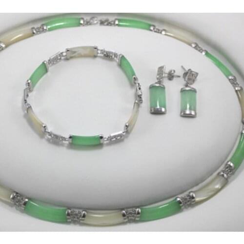 Womens fashion light green Dongling stone + white jade bamboo Festival metal silver plated sleeve group classic trend
