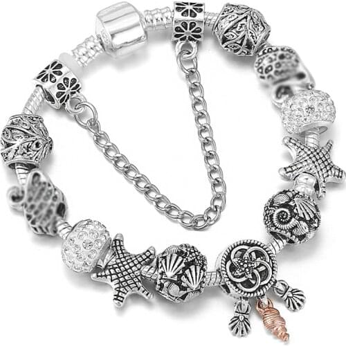 Charm Women Bracelet DIY Hollow Alloy Beaded Silver Plated Bracelet for Women Ancient Silver Color Preserving Charm Jewelry