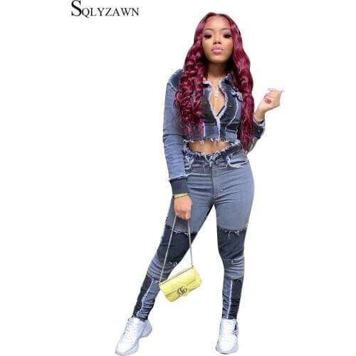 Brand High Quality Denim Suit Women Color Block Patchwork Short Jacket + Vintage Ripped Jeans Female Denim Tracksuit Streetwear