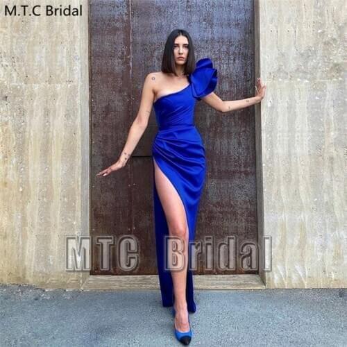Royal Blue Long Sheath Sexy Prom Dresses One Shoulder High Slit Plus Size Satin Formal Occasion Women Dress Cheap Party Gowns