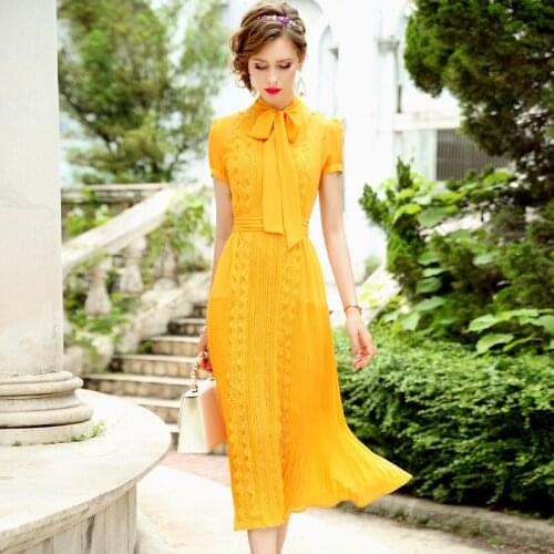 2020 New Hundred Fold Summer Holiday Dress Plus Code Women Business Office Work Chiffon Dress Womanliness Lace Bow Party Dresses