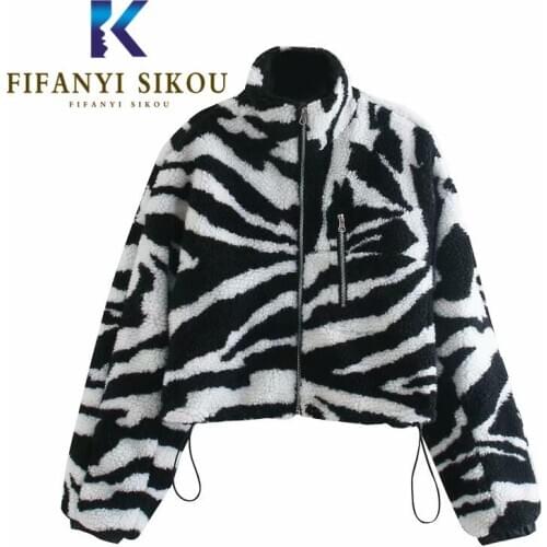 Winter Women Faux Lamb Fur Jacket Zebra Print Fashion Zipper Short Plush Coats Streetwear Loose Faux Fur Coat Female