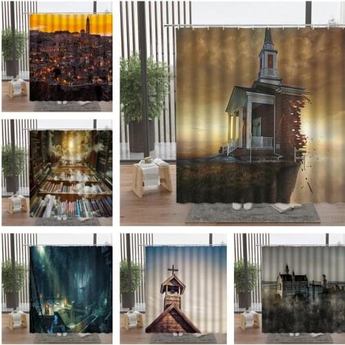 Architecture House Shower Curtain Castle Palace City Island Sky Cloud Library Book Sunset Forest Bird Bathroom Waterproof Set