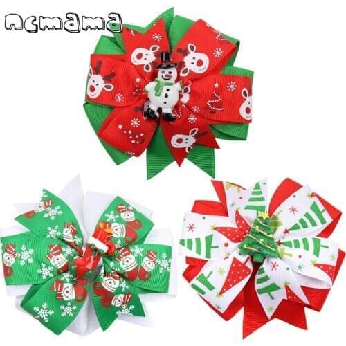 Ncmama 4" Stacked Hair Bows for Girls Hair Clip Handmade Bowknot Hairgrips Dance New Year Party Christmas Hair Accessories
