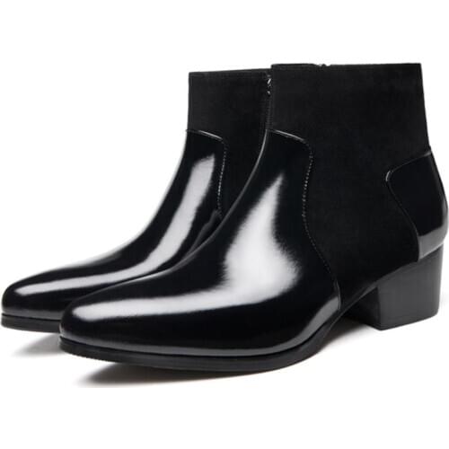 Autumn Winter Mens Patent Leather Snow Boots High Heels Pointed Toe Suede Warm Work Ankle Boots Spring Wedding Dress Men Shoes